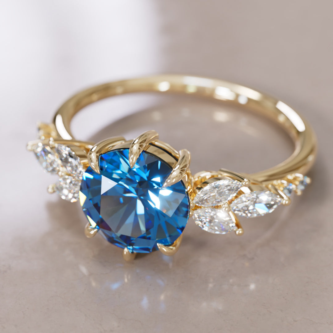 Daisy Round Blue Sapphire Engagement Flower Ring Nature Inspired By Valley Rose