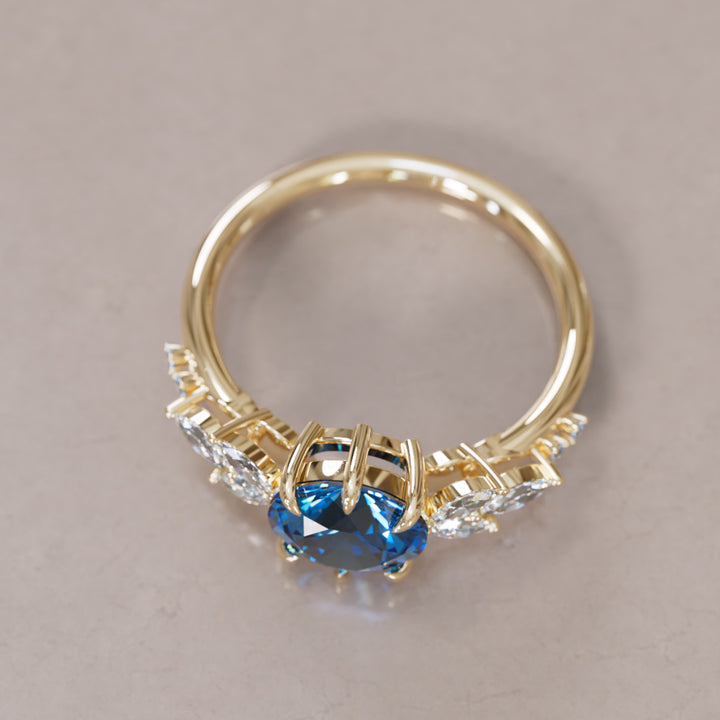 Daisy Round Blue Sapphire Engagement Flower Ring Nature Inspired By Valley Rose