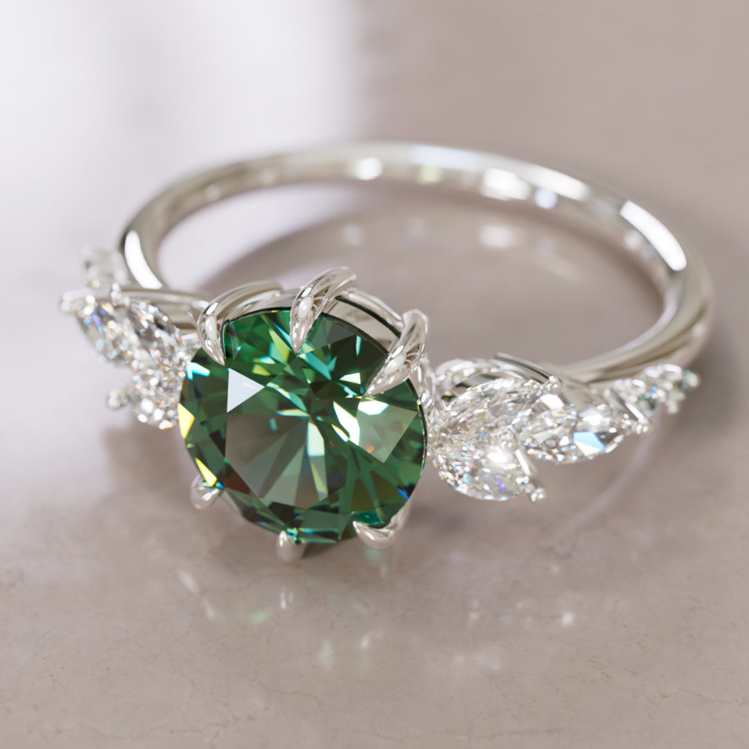 Daisy Round Green Sapphire Engagement Flower Ring Nature Inspired By Valley Rose