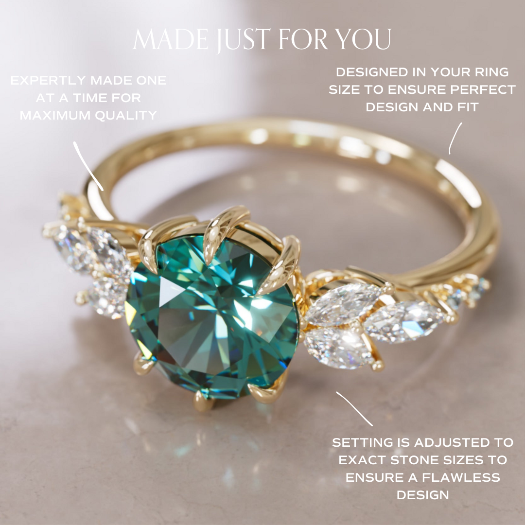 Daisy Round Teal Sapphire Engagement Flower Ring Nature Inspired By Valley Rose