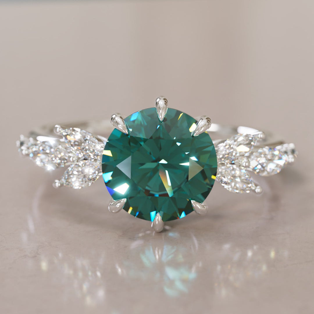 Daisy Round Teal Sapphire Engagement Flower Ring Nature Inspired By Valley Rose