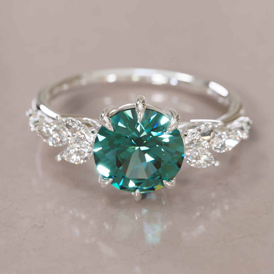 Daisy Round Teal Sapphire Engagement Flower Ring Nature Inspired By Valley Rose