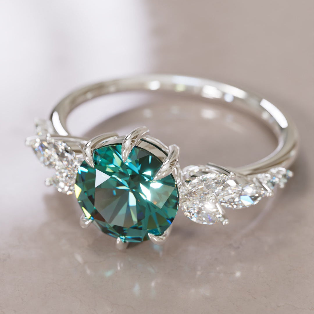Daisy Round Teal Sapphire Engagement Flower Ring Nature Inspired By Valley Rose
