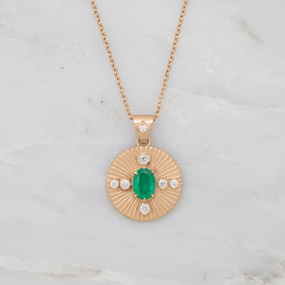 Oval Emerald and Diamond Fluted Gold Coin Charm By Valley Rose Ethical Jewelry