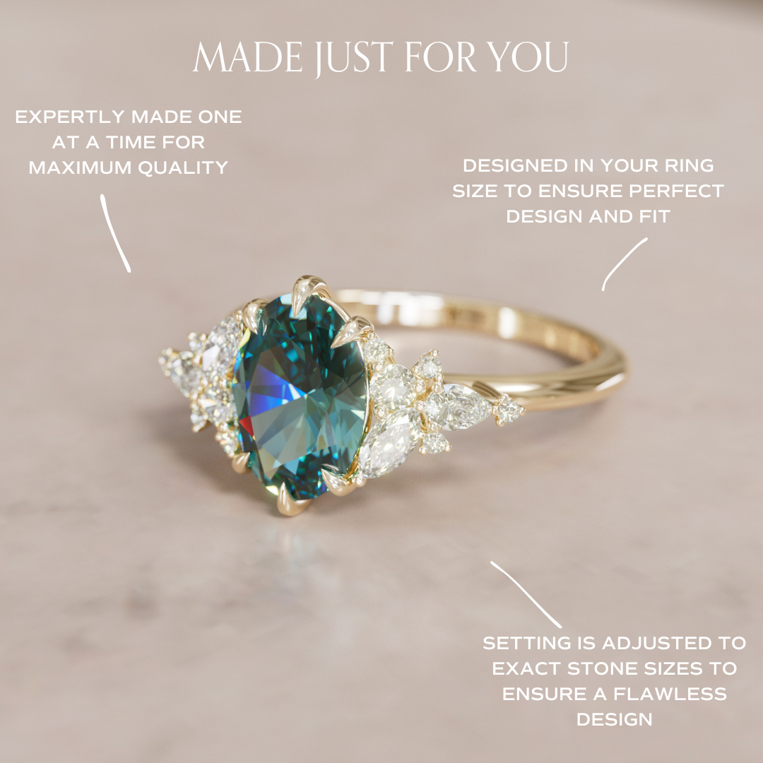 Eden Oval Teal Sapphire Engagement Flower Ring Nature Inspired By Valley Rose