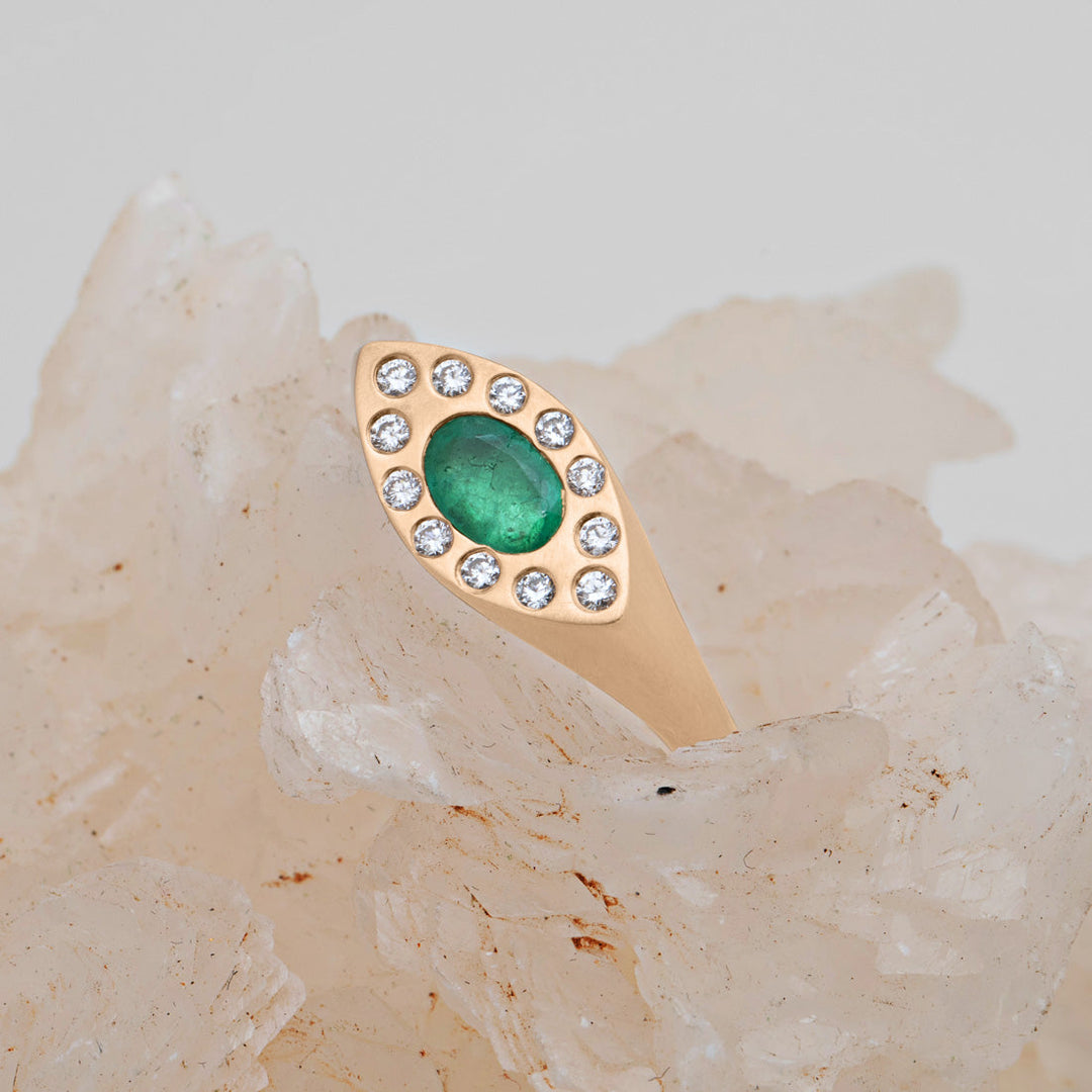 Emerald Signet Ring Eye Shaped in Gold with Diamonds By Valley Rose Ethical Jewelry