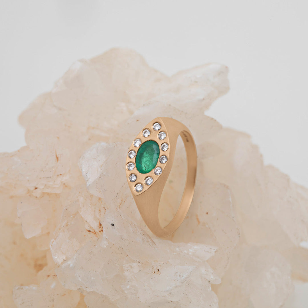 Emerald Signet Ring Eye Shaped in Gold with Diamonds By Valley Rose Ethical Jewelry