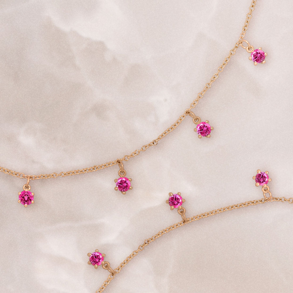 Pink Ruby Fringe 7 Charm Gold Necklace By Valley Rose Ethical Jewelry