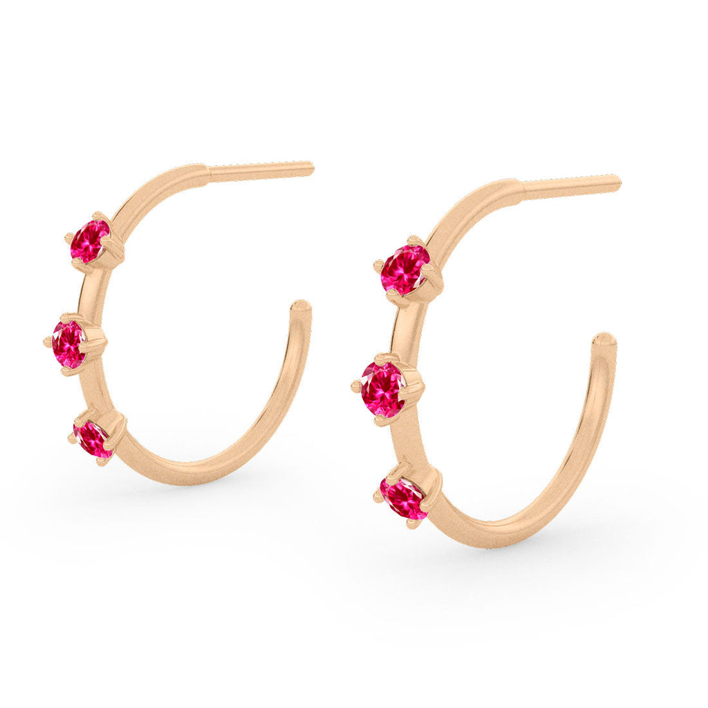Pink Ruby 3 Stone Gold Hoops By Valley Rose Ethical Jewelry