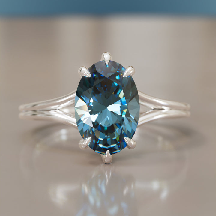 Esra Oval Blue Sapphire Modern Unique Split Shank Engagement Ring By Valley Rose