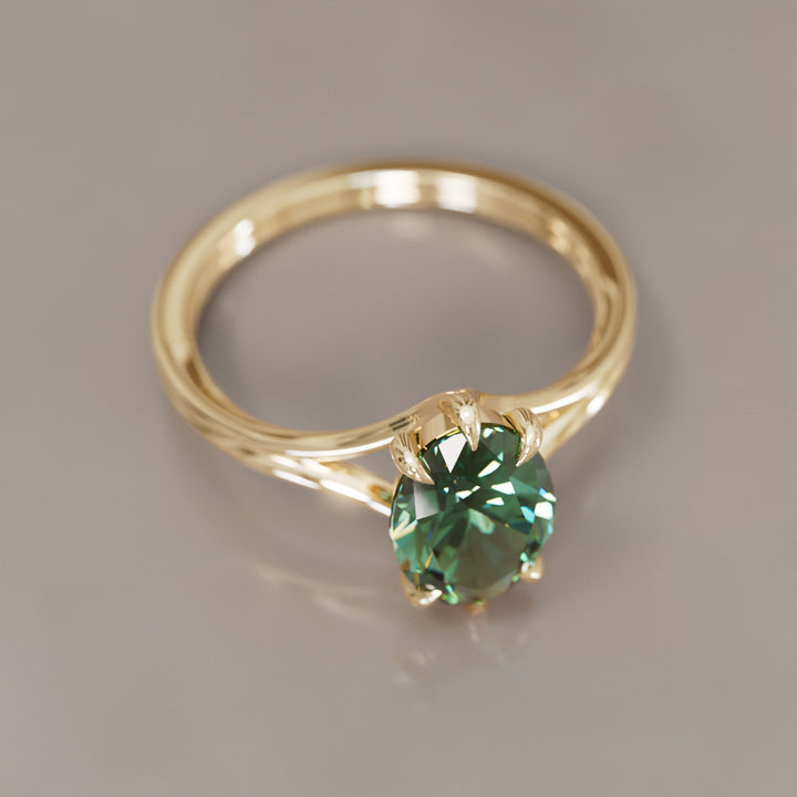 Esra Oval Green Sapphire Modern Unique Split Shank Engagement Ring By Valley Rose