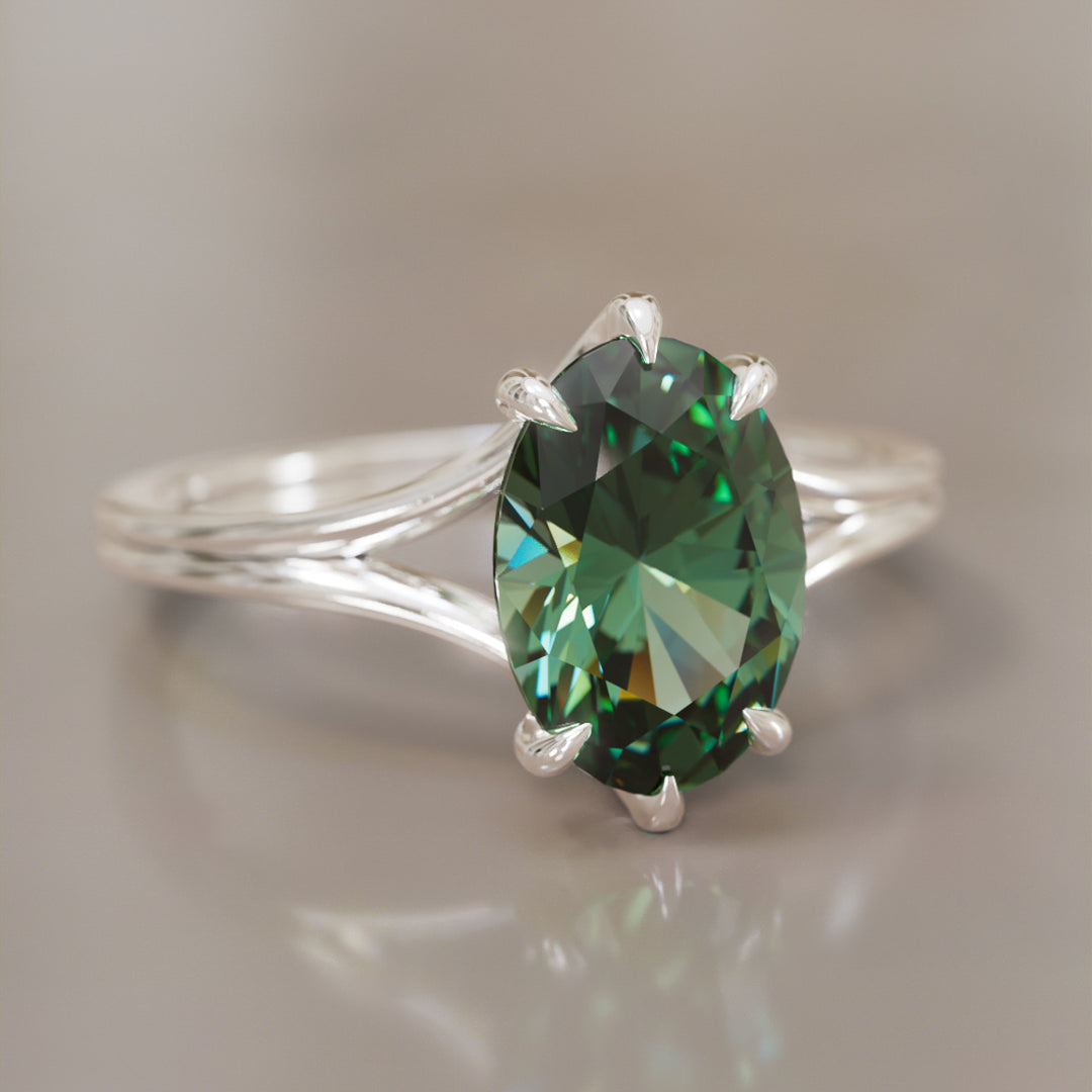 Esra Oval Green Sapphire Modern Unique Split Shank Engagement Ring By Valley Rose