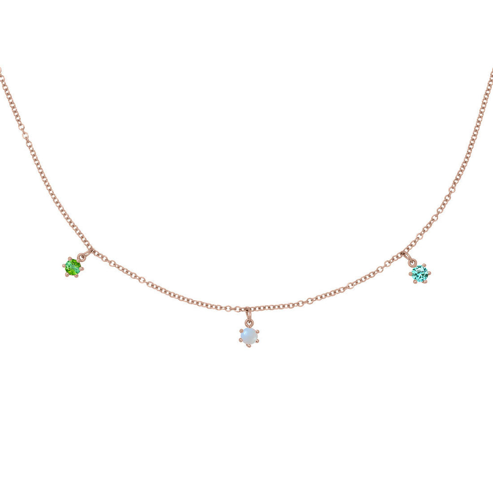 Gemini Zodiac Gold Fringe Necklace with Pearl, and Tourmalines 16" Chain By Valley Rose Ethical Jewelry