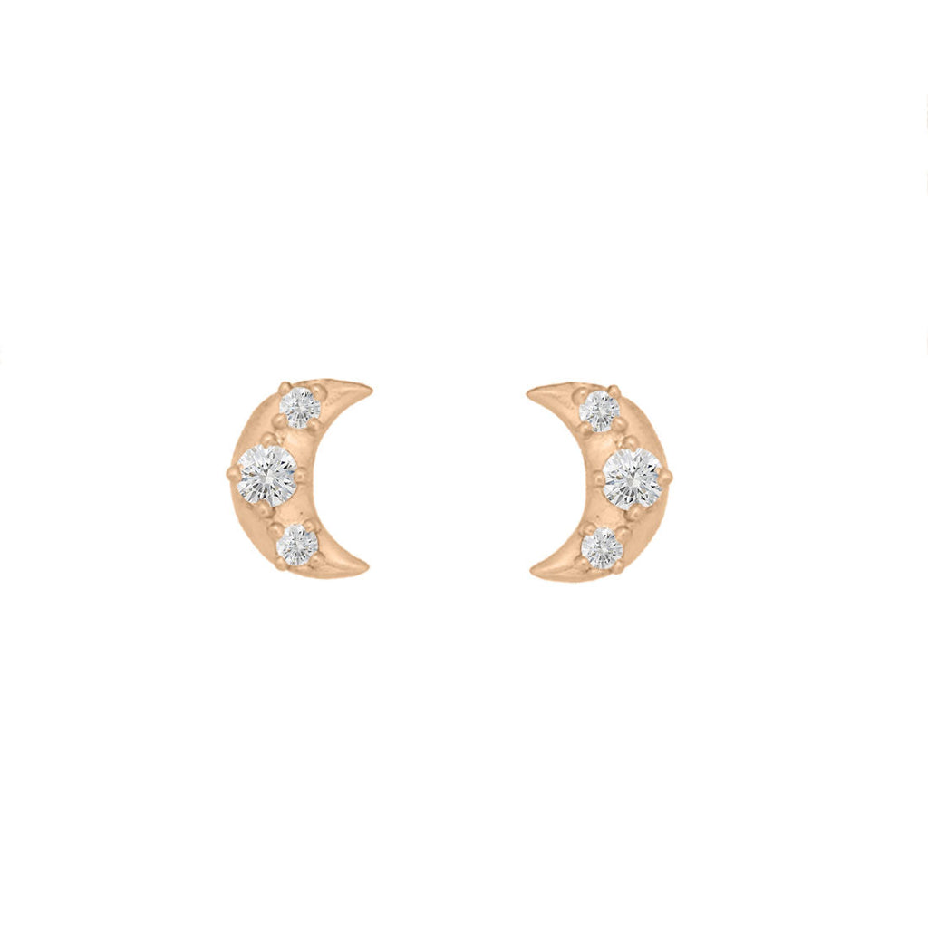 Crescent Moon Stud Earrings in Gold & Diamond Lab Diamond Single By Valley Rose Ethical Jewelry