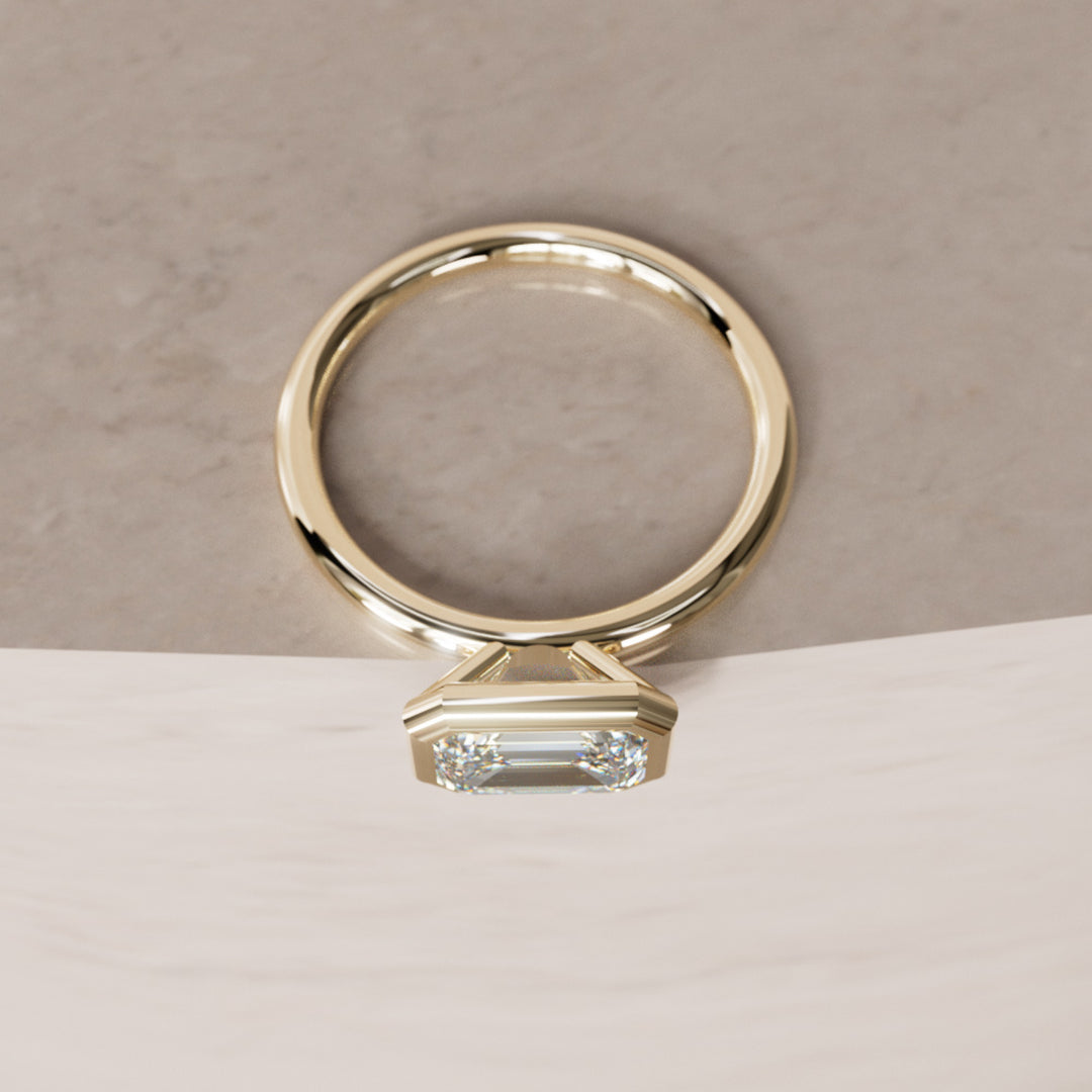 Indie East West Emerald Cut Diamond Modern Unique Bezel Engagement Ring By Valley Rose