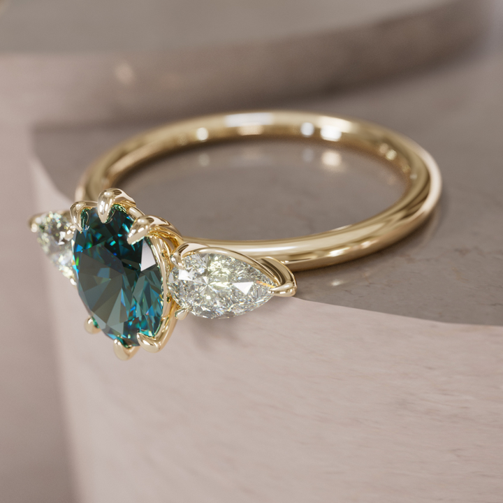Irina Oval Teal Sapphire Modern Unique Three Stone Engagement Ring By Valley Rose