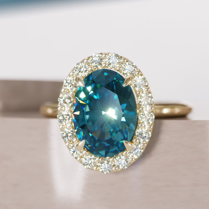 Kristina Oval Cut Blue Sapphire Unique Vintage Halo Engagement Ring By Valley Rose