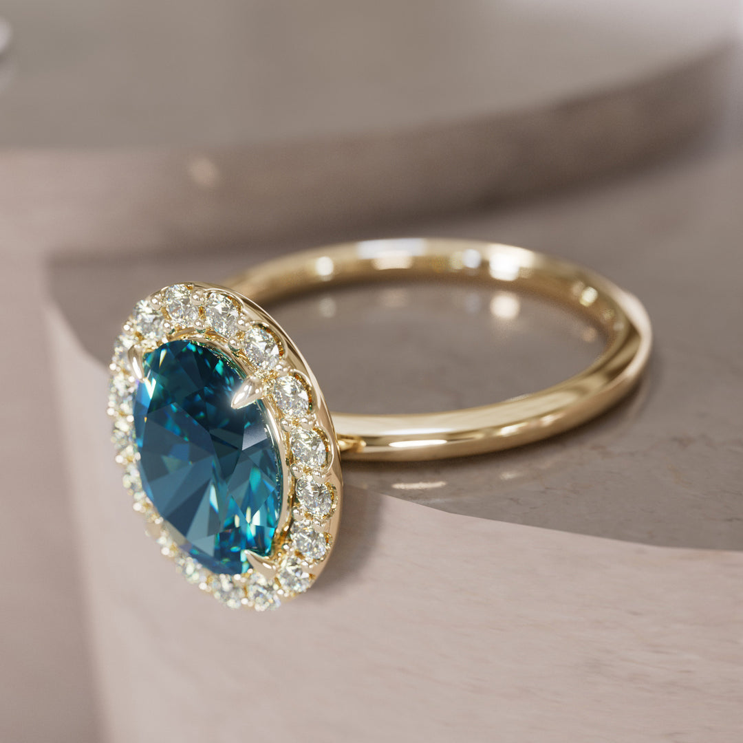 Kristina Oval Cut Blue Sapphire Unique Vintage Halo Engagement Ring By Valley Rose
