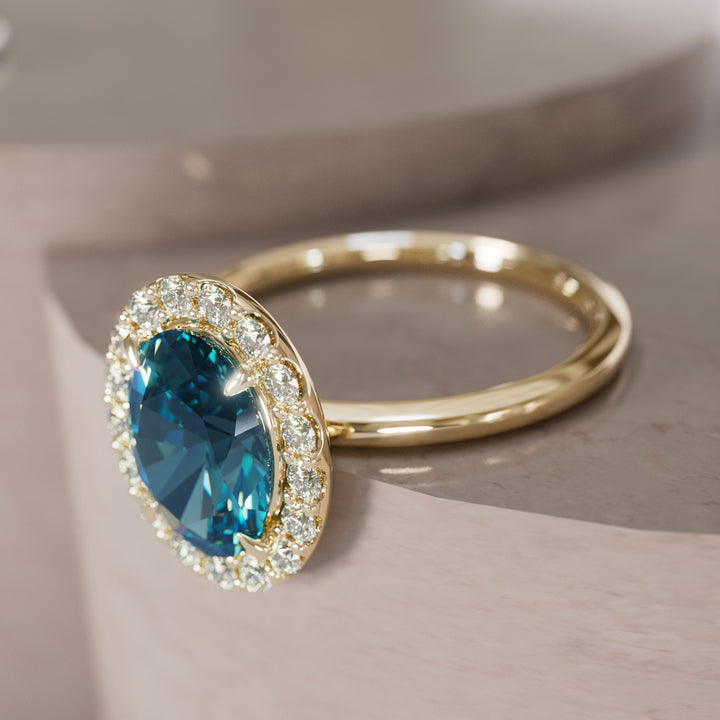Kristina Oval Cut Blue Sapphire Unique Vintage Halo Engagement Ring By Valley Rose