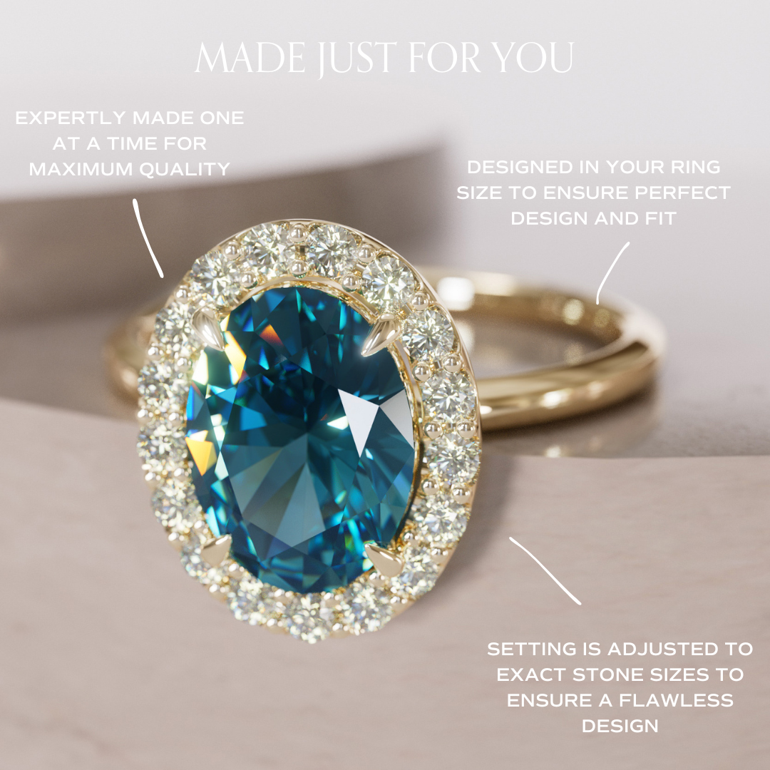 Kristina Oval Cut Blue Sapphire Unique Vintage Halo Engagement Ring By Valley Rose