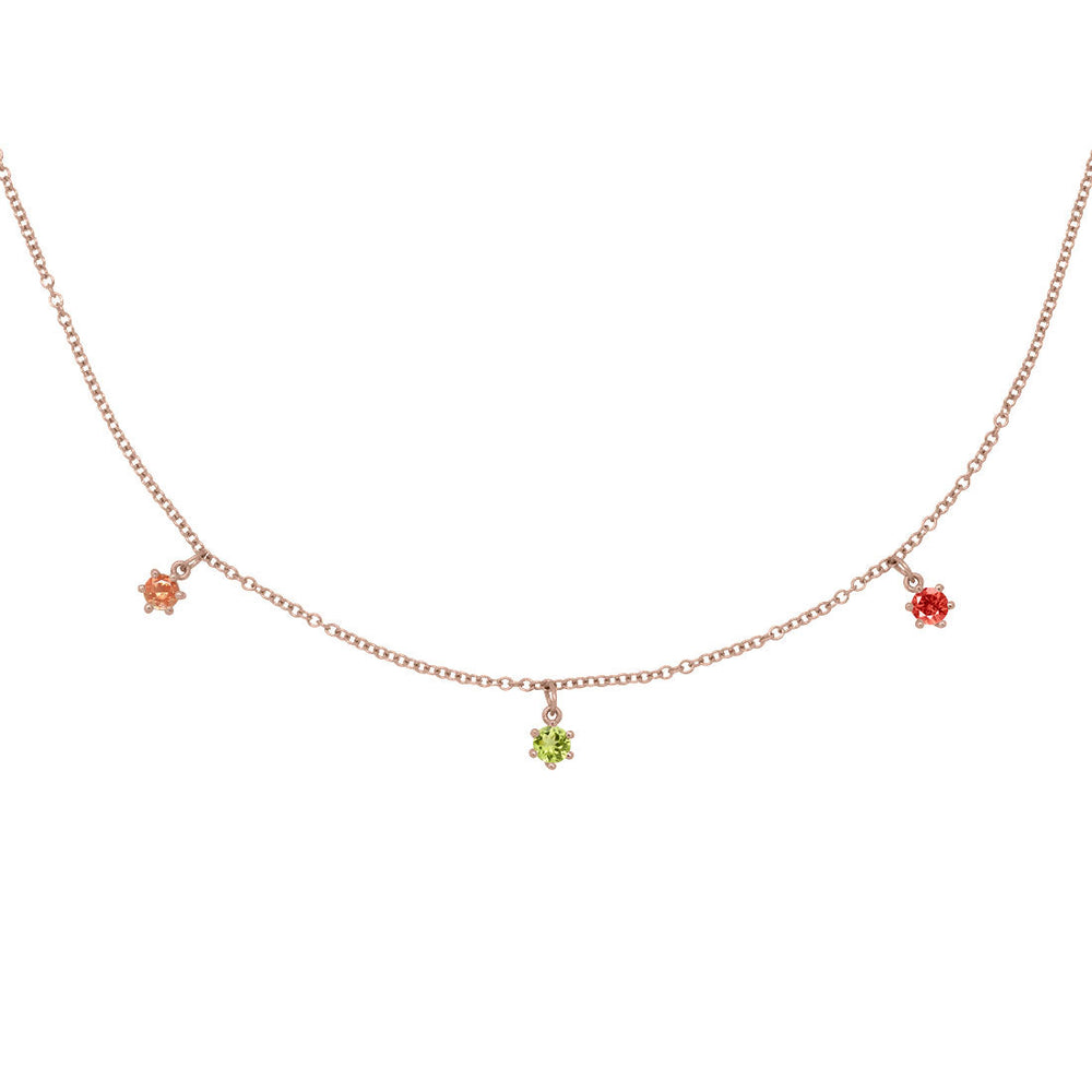 Leo Zodiac Gold Fringe Necklace with Peridot, Sunstone & Garnet 16" Chain By Valley Rose Ethical Jewelry