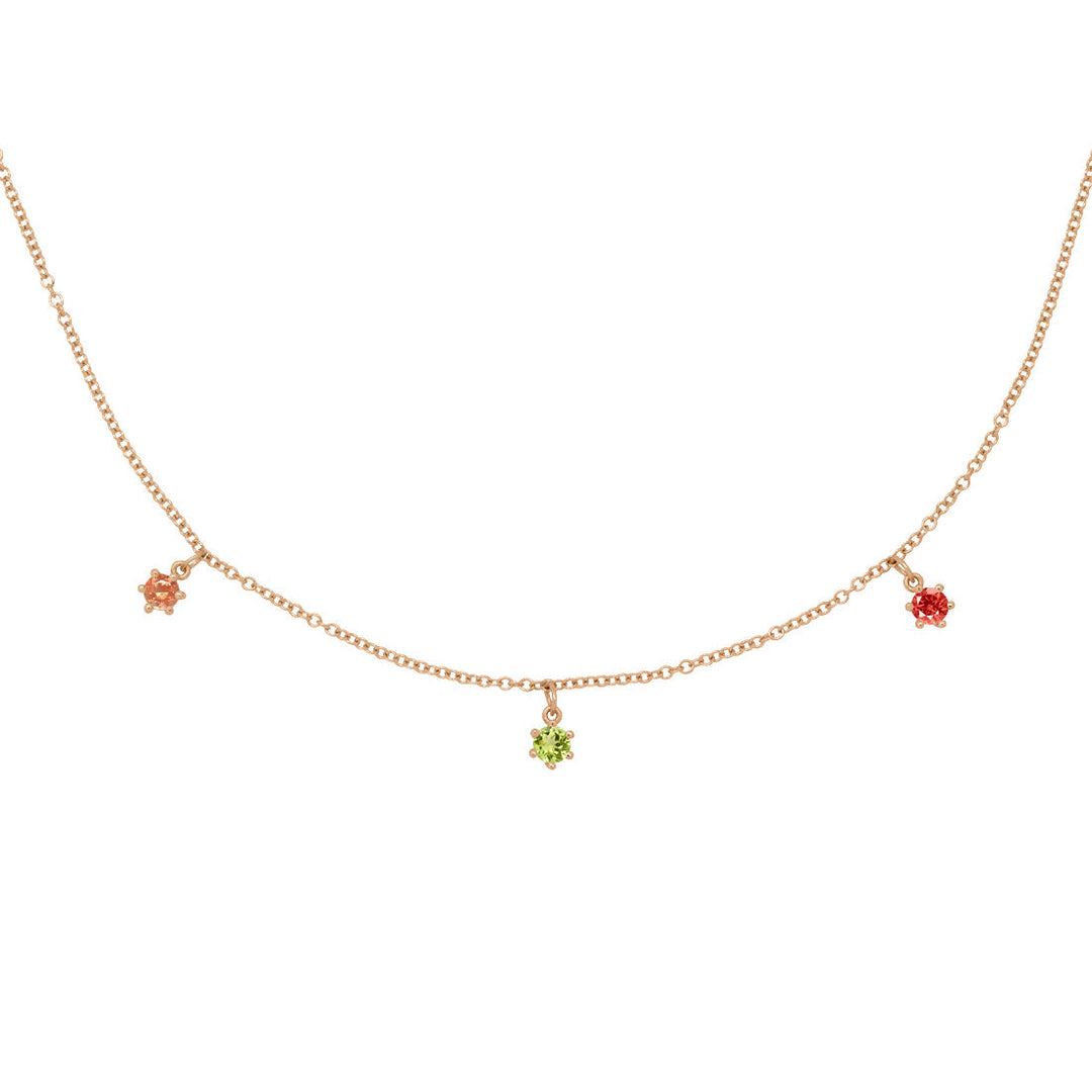 Leo Zodiac Gold Fringe Necklace with Peridot, Sunstone & Garnet 16" Chain By Valley Rose Ethical Jewelry