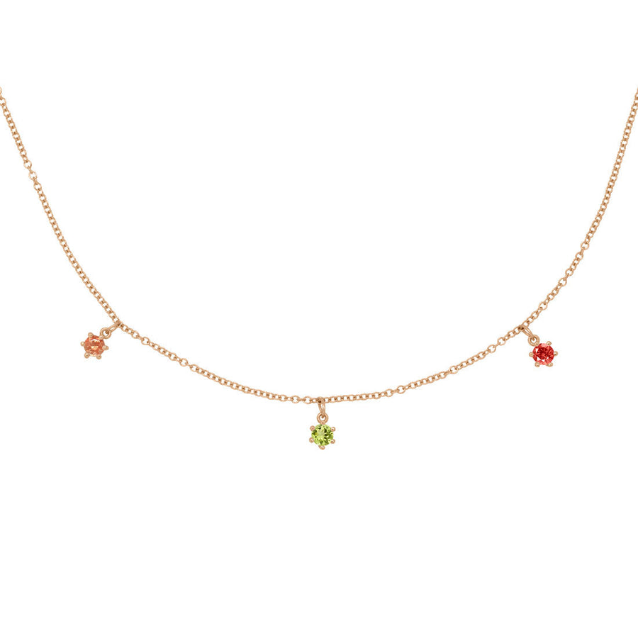 Leo Zodiac Gold Fringe Necklace with Peridot, Sunstone & Garnet 16" Chain By Valley Rose Ethical Jewelry