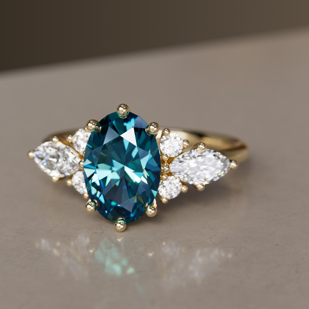 Bague de fiançailles unique avec saphir bleu ovale et diamants