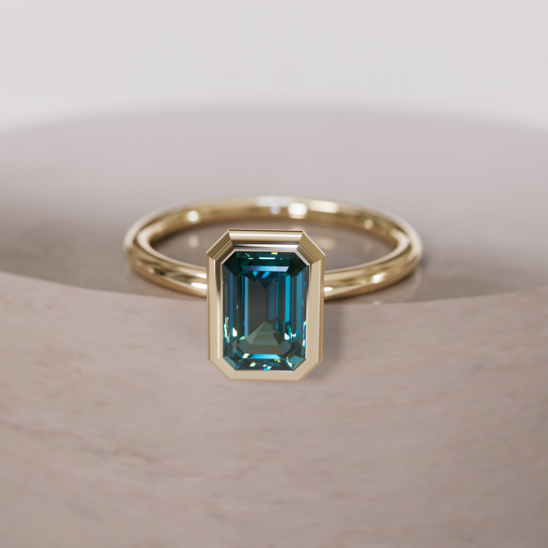 Lexie Emerald Cut Teal Sapphire Modern Unique Bezel Engagement Ring By Valley Rose