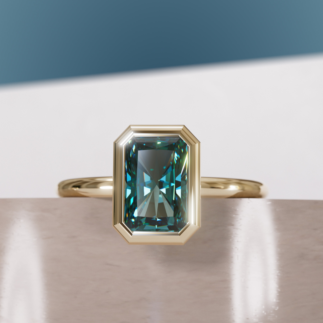 Unique Radiant Cut Teal Sapphire Engagement Ring Bezel Solitaire