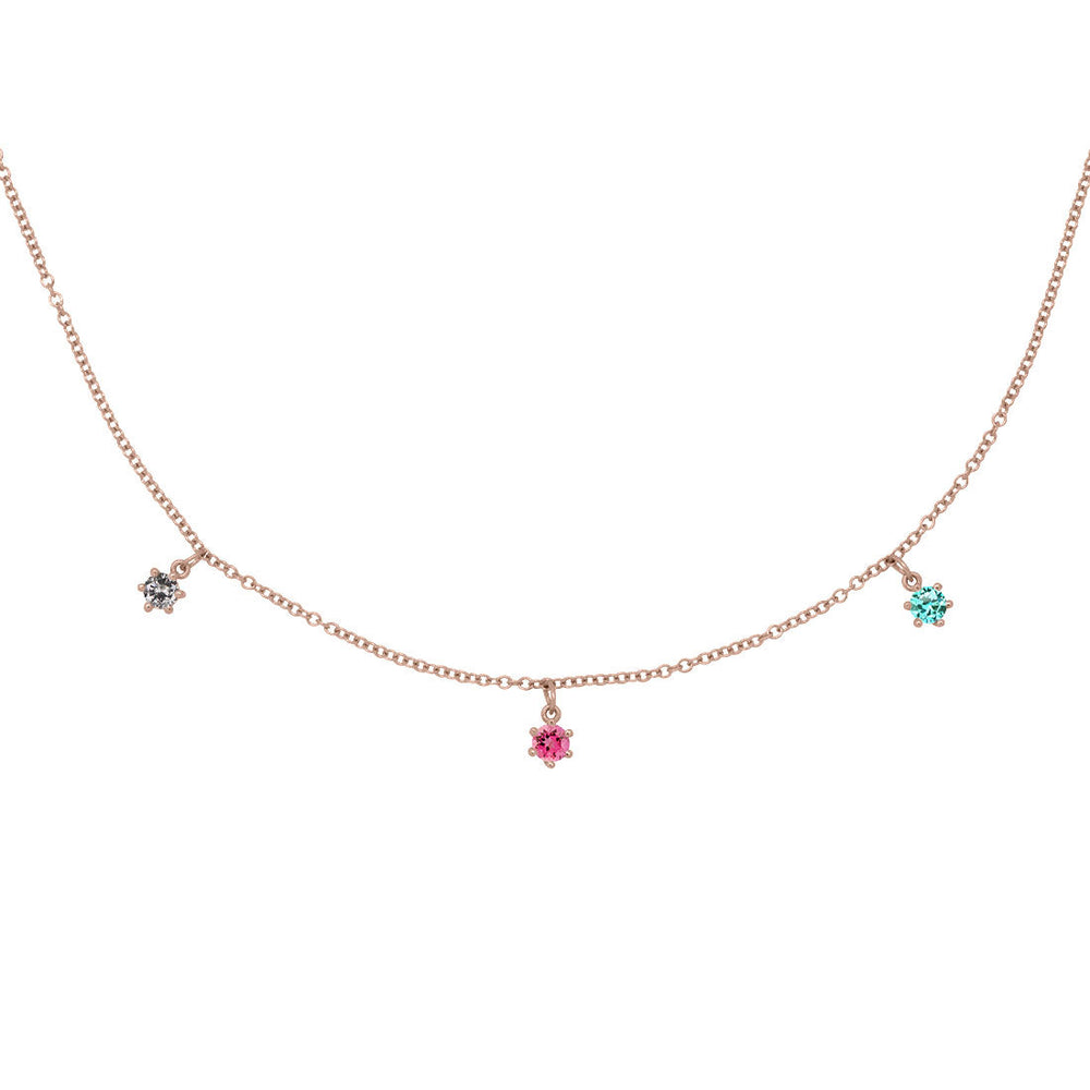Libra Zodiac Gold Fringe Necklace with Grey Diamond and Pink and Teal Tourmaline 16" Chain By Valley Rose Ethical Jewelry