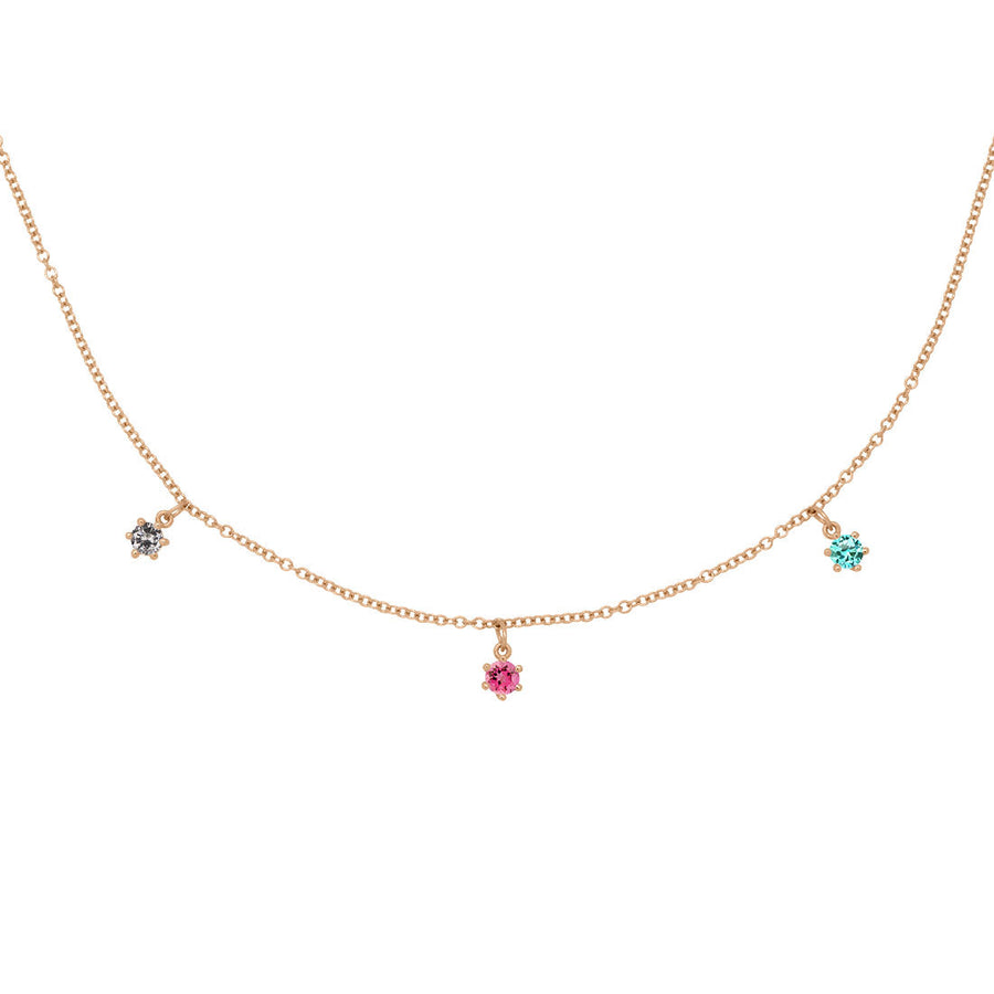 Libra Zodiac Gold Fringe Necklace with Grey Diamond and Pink and Teal Tourmaline 16" Chain By Valley Rose Ethical Jewelry