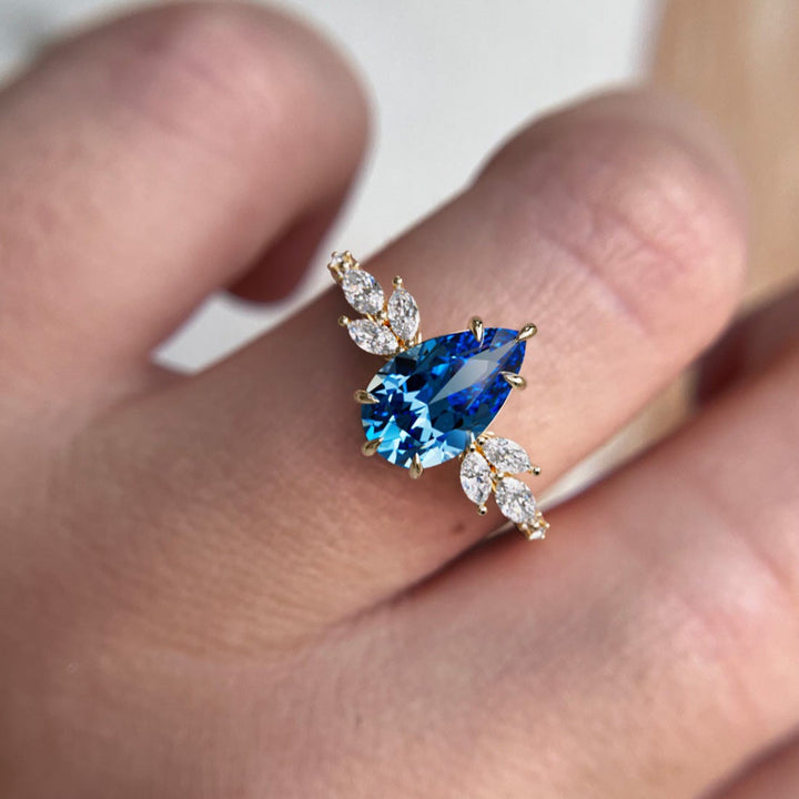 Lily Pear Blue Sapphire Engagement Flower Ring Nature Inspired By Valley Rose