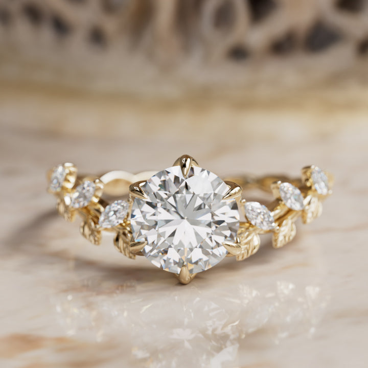 Liora Nature Inspired Vine and Petal Prong Round Lab Diamond Engagement Ring with Leaves By Valley Rose