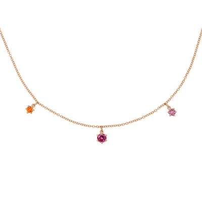 Gemstone Fringe Charm Gold Necklace with Orange Citrine, Pink Ruby, and Pink sapphire By Valley Rose Ethical Jewelry