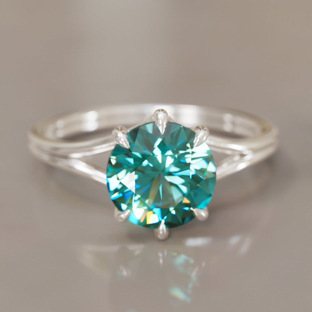 Mira Round Teal Sapphire Modern Unique Split Shank Engagement Ring By Valley Rose