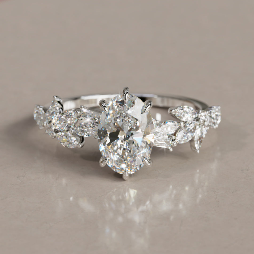 Olearia Oval Lab Diamond Engagement Flower Ring Nature Inspired By Valley Rose