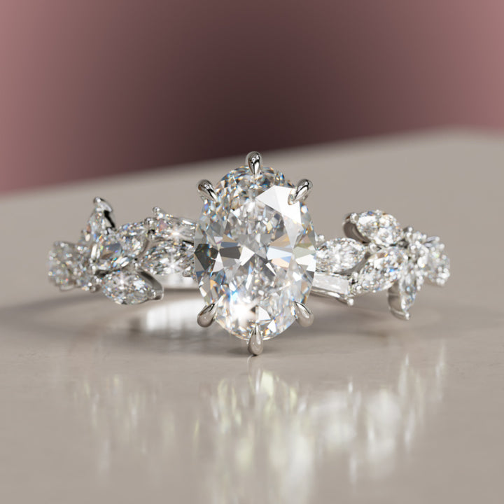 Olearia Oval Lab Diamond Engagement Flower Ring Nature Inspired By Valley Rose