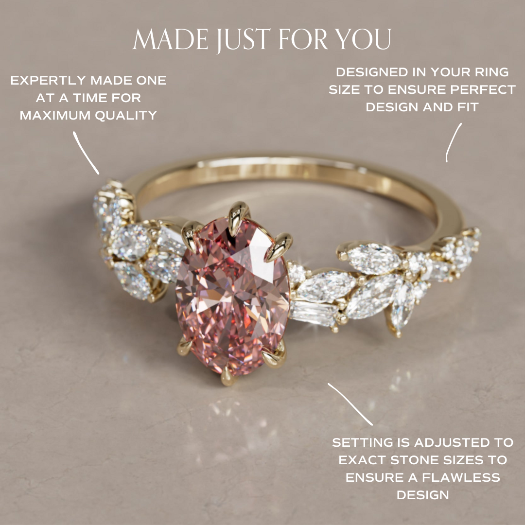 Olearia Oval Pink Lab Diamond Engagement Flower Ring Nature Inspired By Valley Rose
