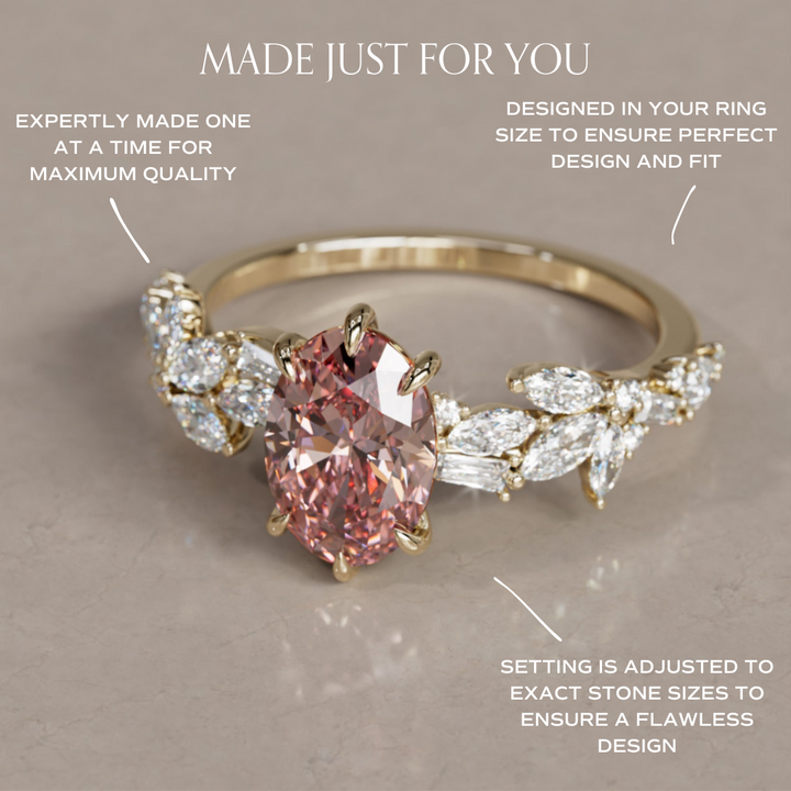 Olearia Oval Pink Lab Diamond Engagement Flower Ring Nature Inspired By Valley Rose
