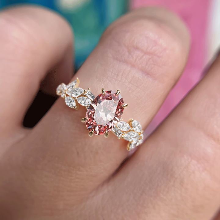 Olearia Oval Pink Lab Diamond Engagement Flower Ring Nature Inspired By Valley Rose
