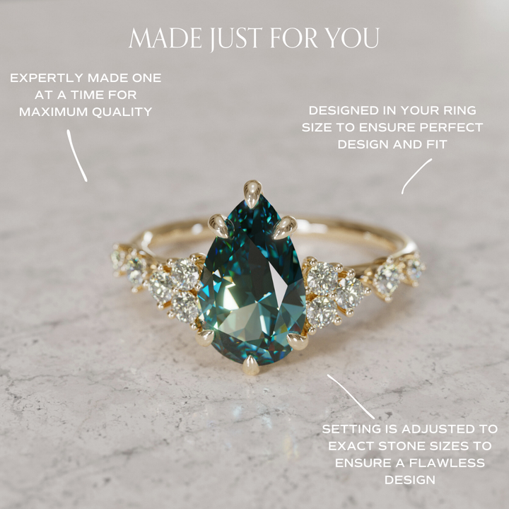 Olivia Pear Teal Sapphire Unique Engagement Ring Nature Inspired By Valley Rose