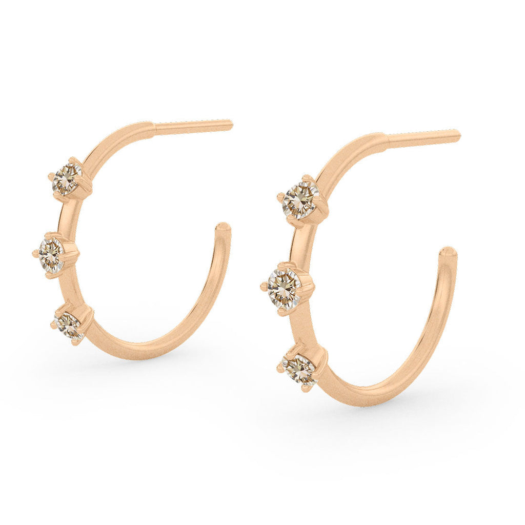 Champagne Diamond Gold 3 Stone Hoops, Orion's Belt Constellation By Valley Rose Ethical Jewelry