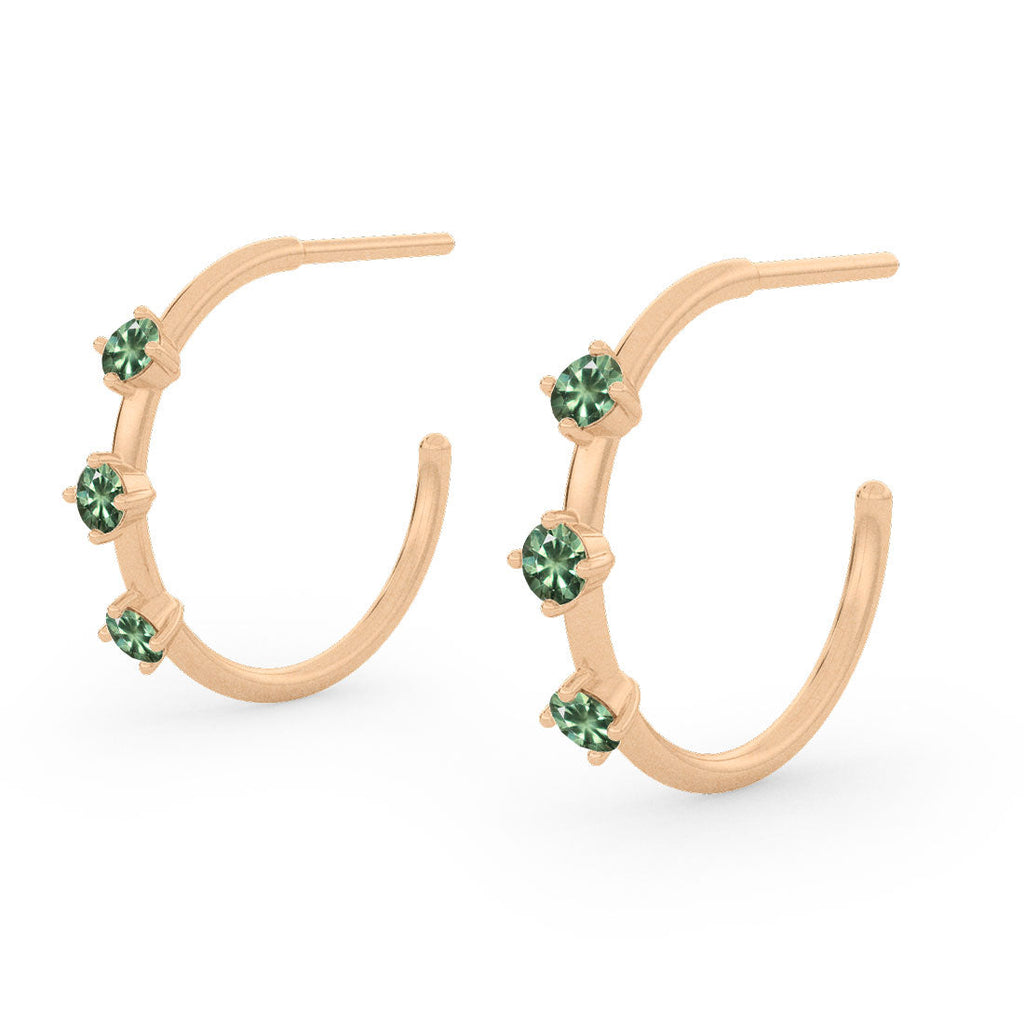 Green Sapphire Gold 3 Stone Hoops, Orion's Belt Constellation By Valley Rose Ethical Jewelry