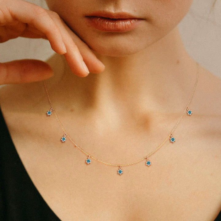 Teal Sapphire 7 Charm Fringe Gold Necklace By Valley Rose Ethical Jewelry