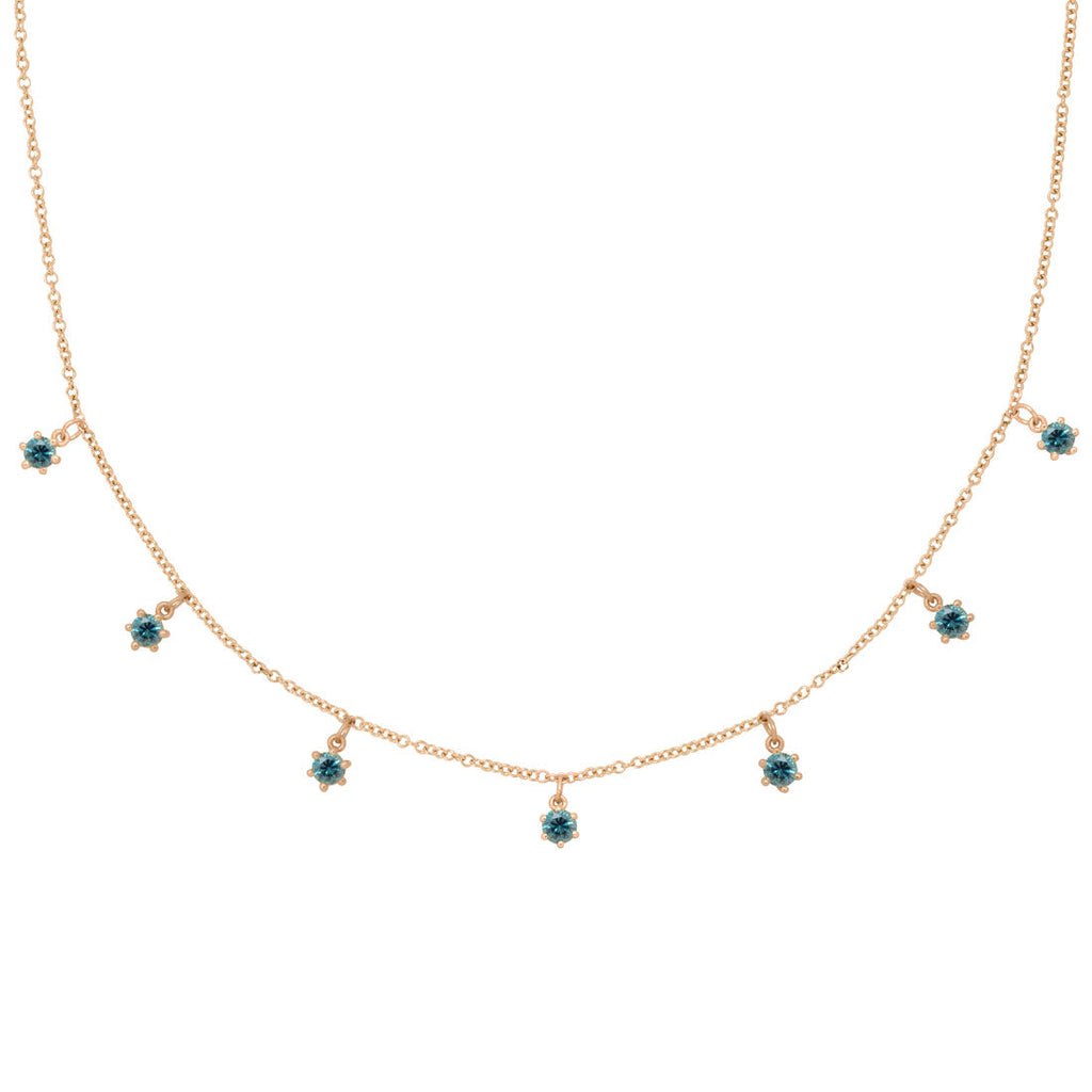 Teal Sapphire 7 Charm Fringe Gold Necklace By Valley Rose Ethical Jewelry