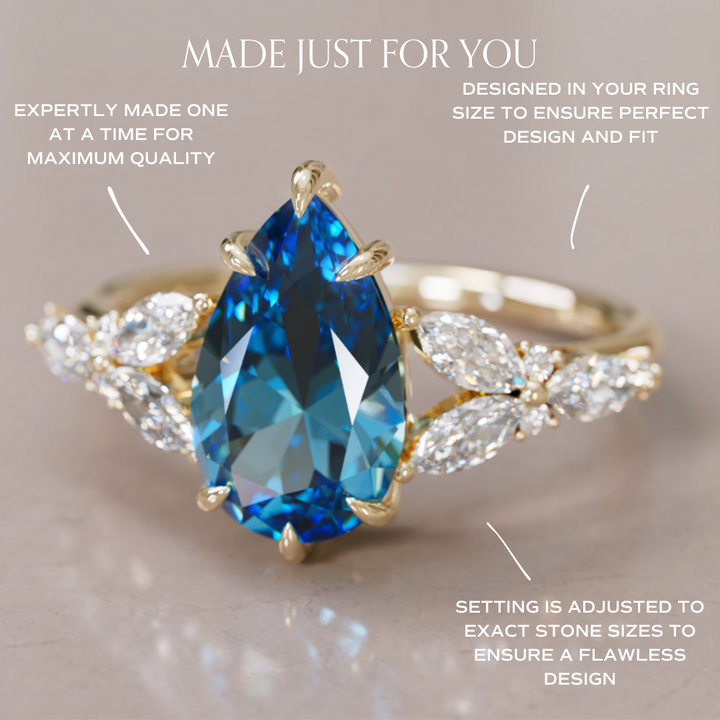 Peony Pear Blue Sapphire Engagement Flower Ring Nature Inspired By Valley Rose