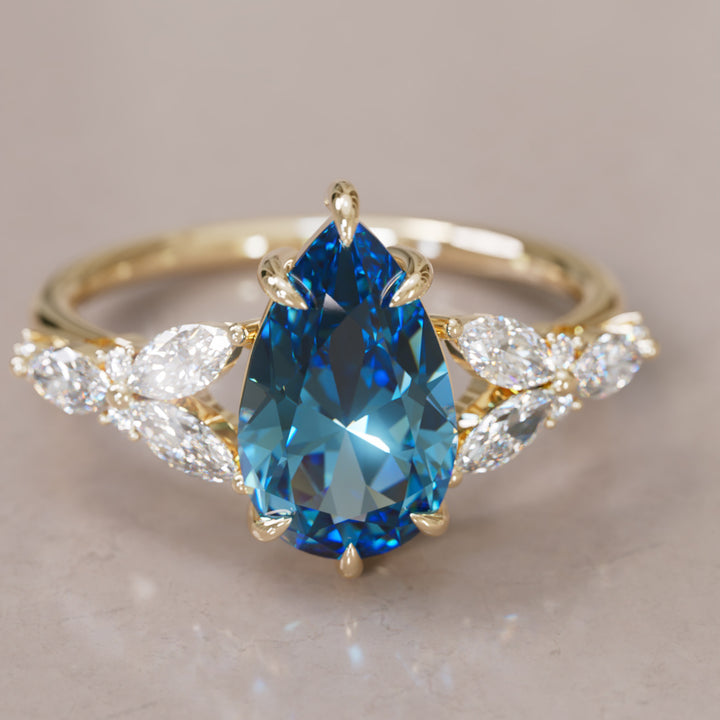 Peony Pear Blue Sapphire Engagement Flower Ring Nature Inspired By Valley Rose