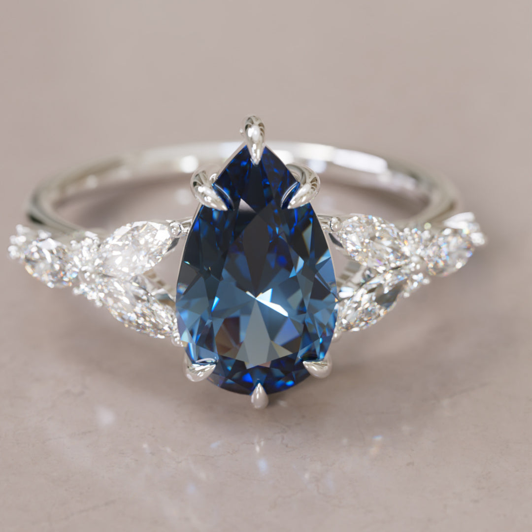 Peony Pear Blue Sapphire Engagement Flower Ring Nature Inspired By Valley Rose