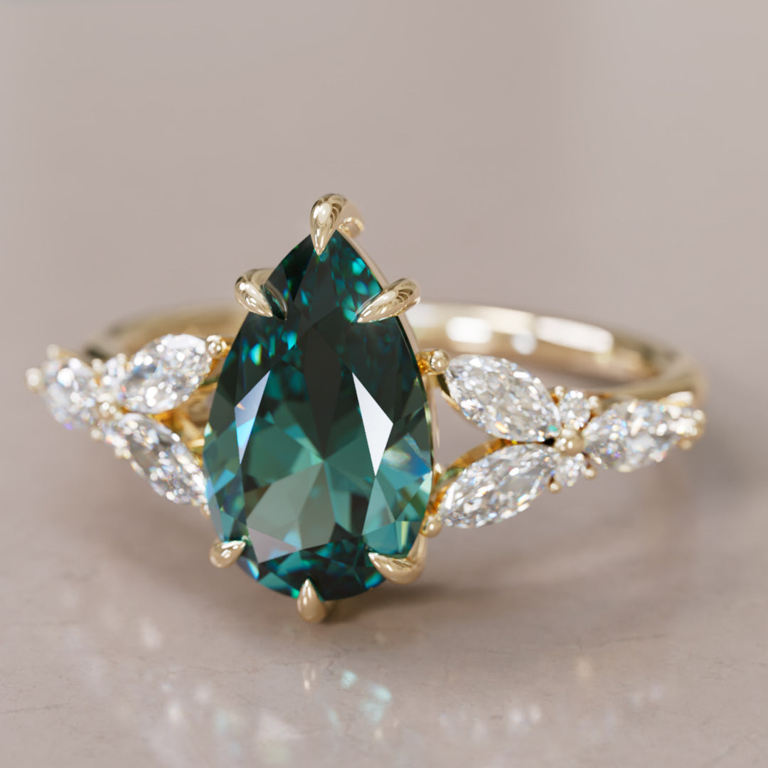 Peony Pear Teal Sapphire Engagement Flower Ring Nature Inspired By Valley Rose